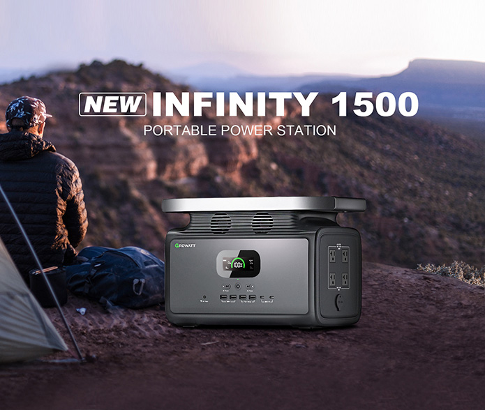 Growatt new Infinity 1500 new portable power station on rocky terrain at dusk with camping gear nearby.