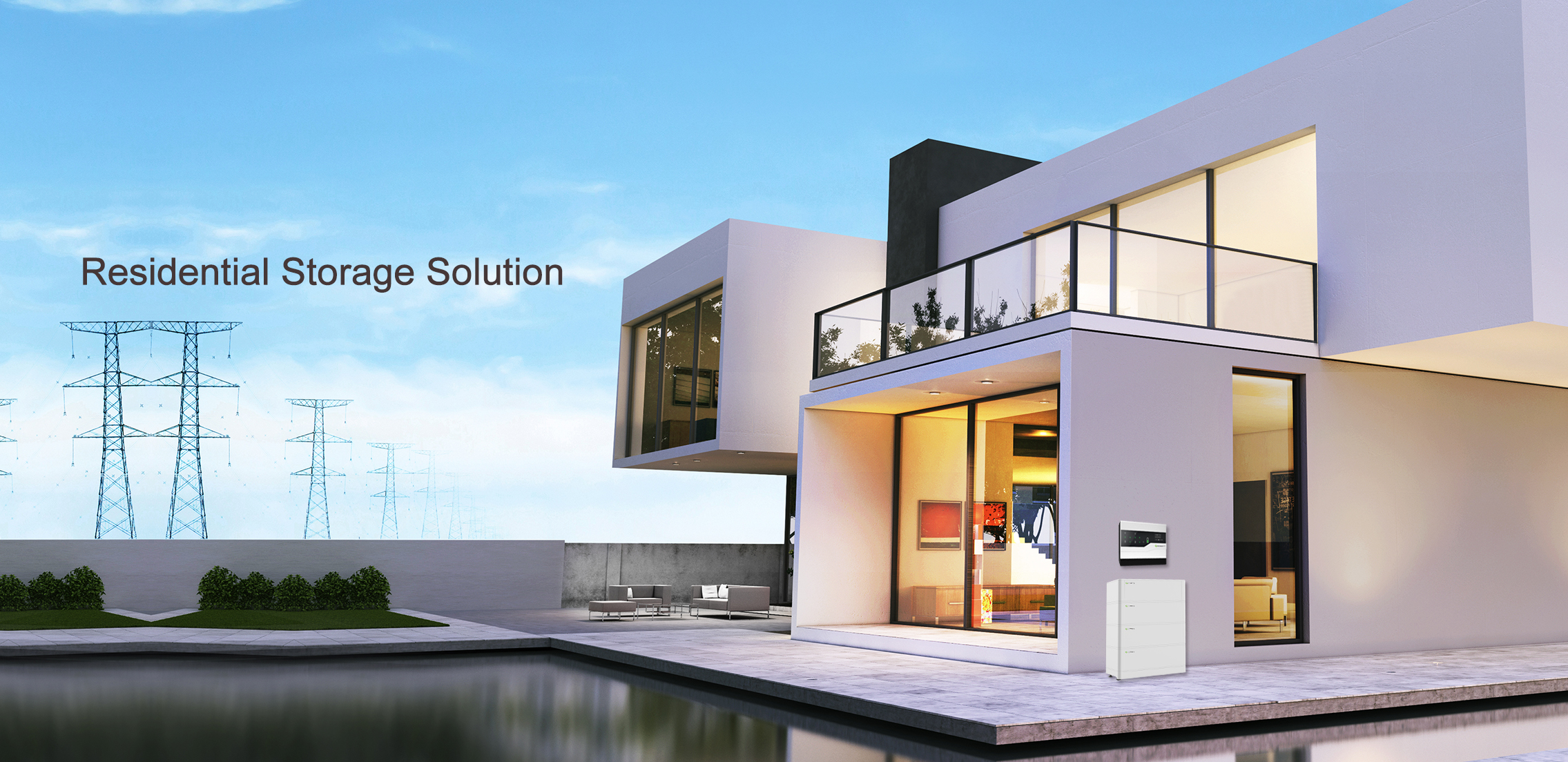 Growatt residential storage solution, residential solar mockup, Modern house with balcony, pool, and a 