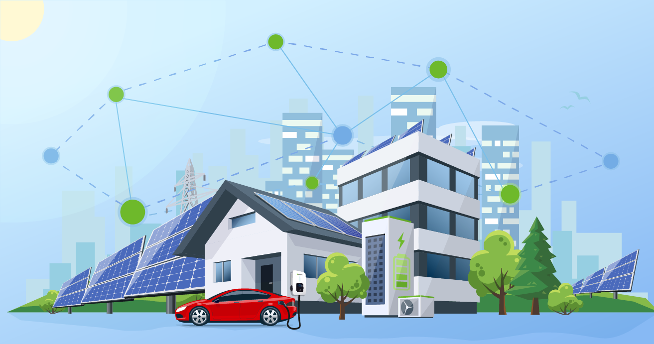 clean energy future, clean technology, A vector illustration of a smart city with solar panels, an electric car, and connected buildings