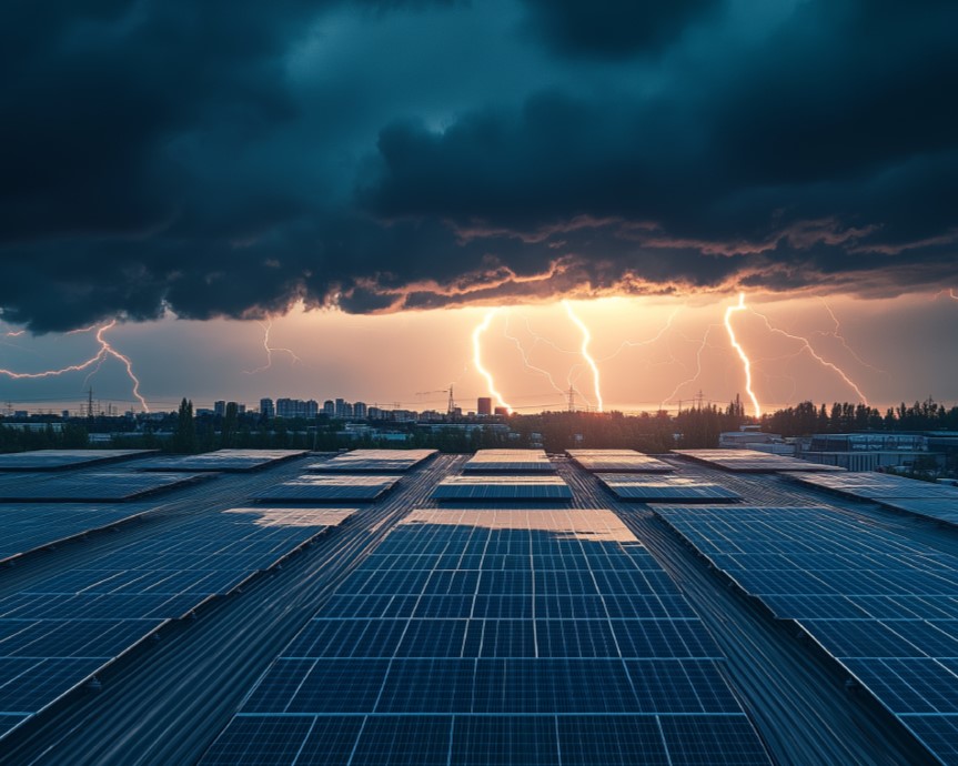 The Ultimate Guide to Lightning Protection and Grounding for C&I PV Power Plants, A dramatic scene of solar panels on a roof, illuminated by lightning amid dark storm clouds and a city skyline in t