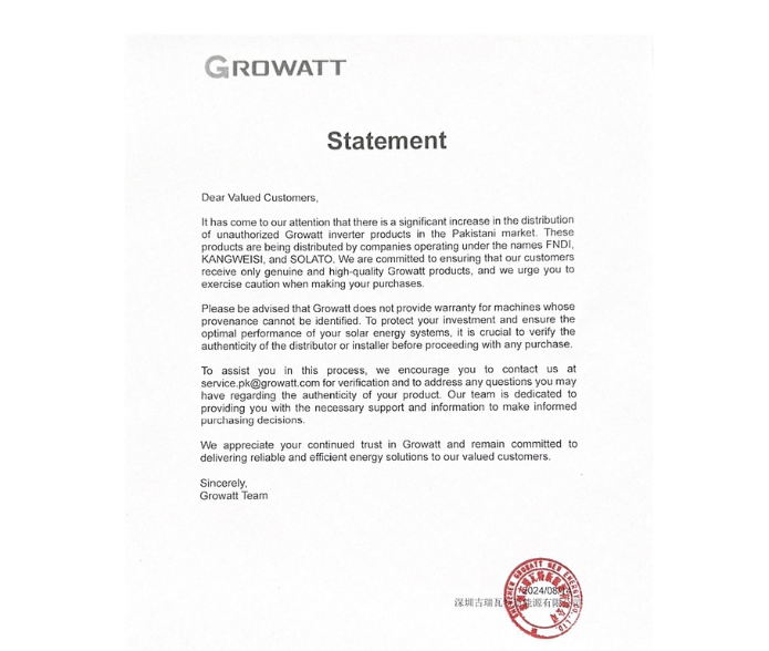 Unauthorized Growatt inverter distributor sales in Pakistan
